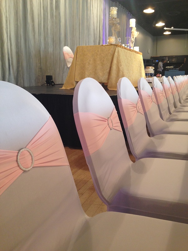 Spandex Chair Cover and Pink Sash with Brooch - Event Rentals - Pink Brooch Spandex Sash